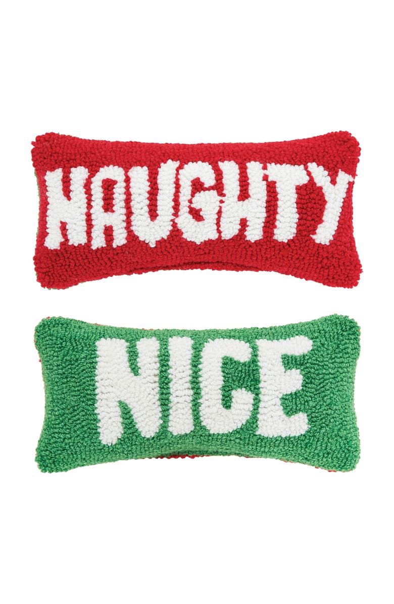 C&F Home "Naughty Nice" Hooked Christmas Mini 2-Piece Accent Pillows Set 6" x 12", Main, color, Red