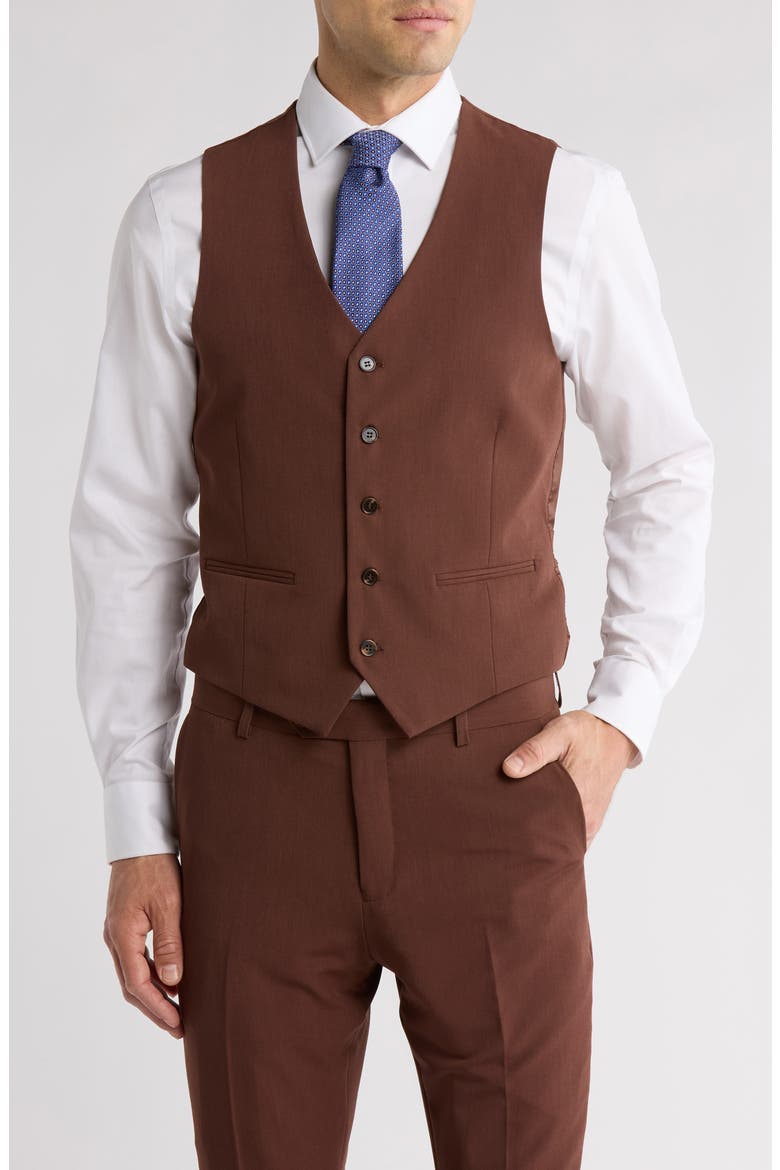 Skinny Fit Solid Stretch Three Piece Suit, Alternate, color, BROWN