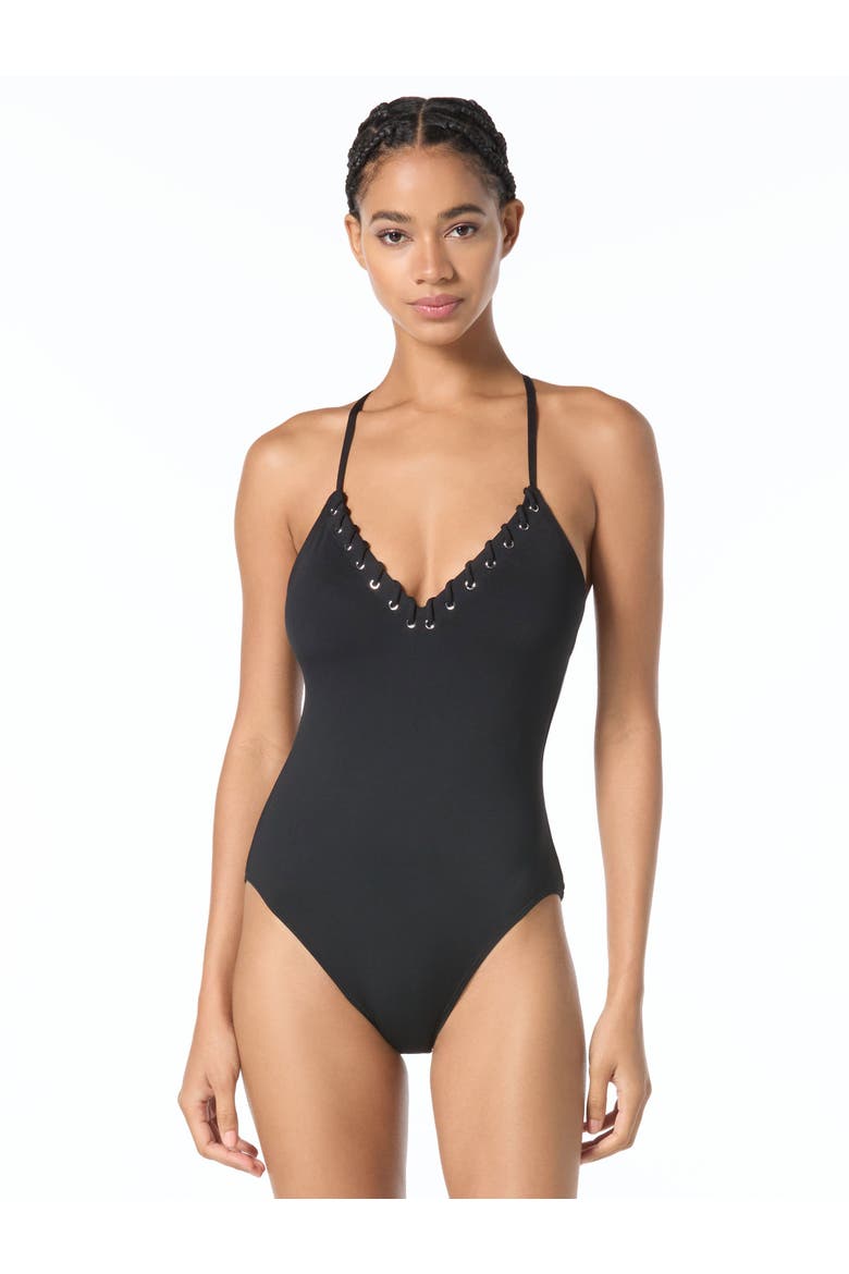 Laced Grommets Cross Back One-Piece Swimsuit, Main, color, Black
