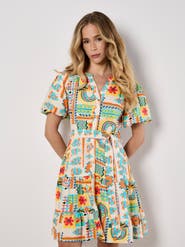 Apricot Tropical Animation Puff Sleeve Dress