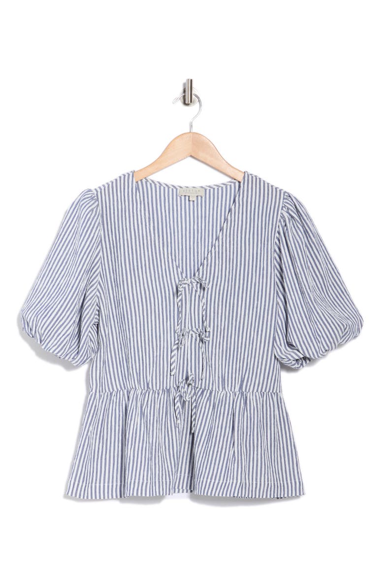 Bow Short Sleeve Seersucker Peplum Top, Alternate, color, NAVY WHITE