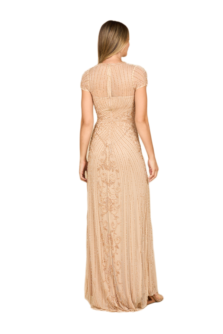 Beaded Cap Sleeve Illusion Plunge Gown, Alternate, color, Champagne