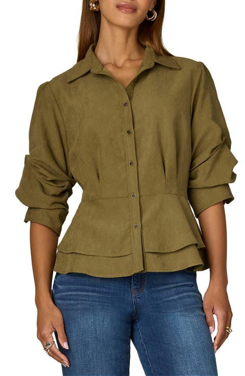 Pleated Puff Sleeve Button-Up Shirt
