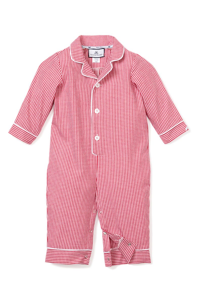 Petite Plume Gingham Check Flannel One-Piece Pajamas, Main, color, Red