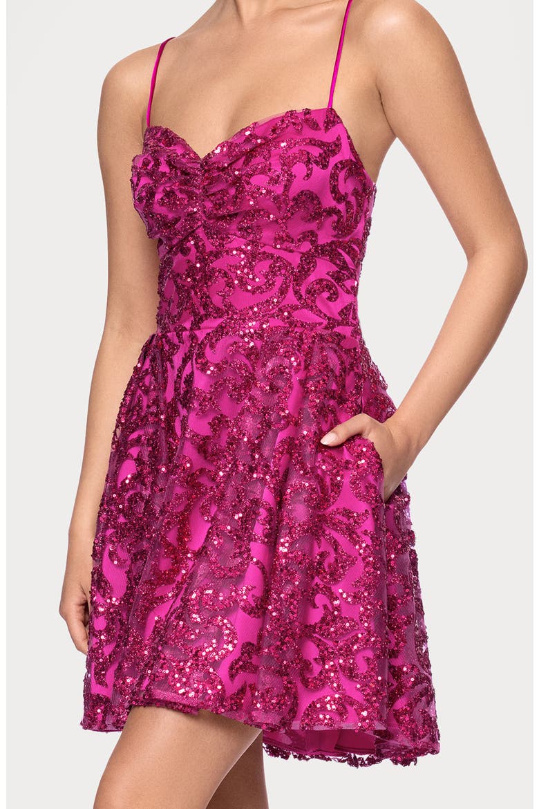 Glitter Lace-Up Fit & Flare Minidress, Alternate, color, HOT PINK
