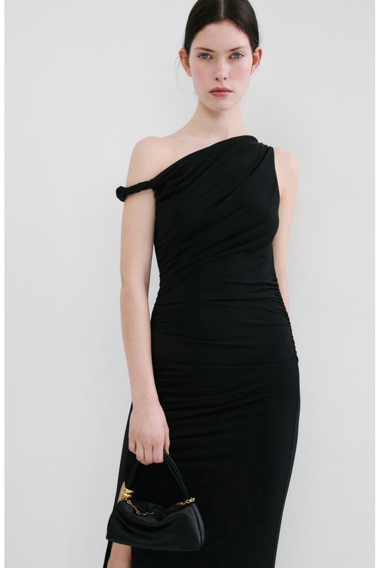 Tory Ruched One-Shoulder Midi Dress, Alternate, color, BLACK