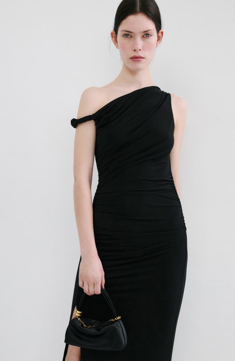 MANGO Tory Ruched One-Shoulder Midi Dress, Alternate, color, Black