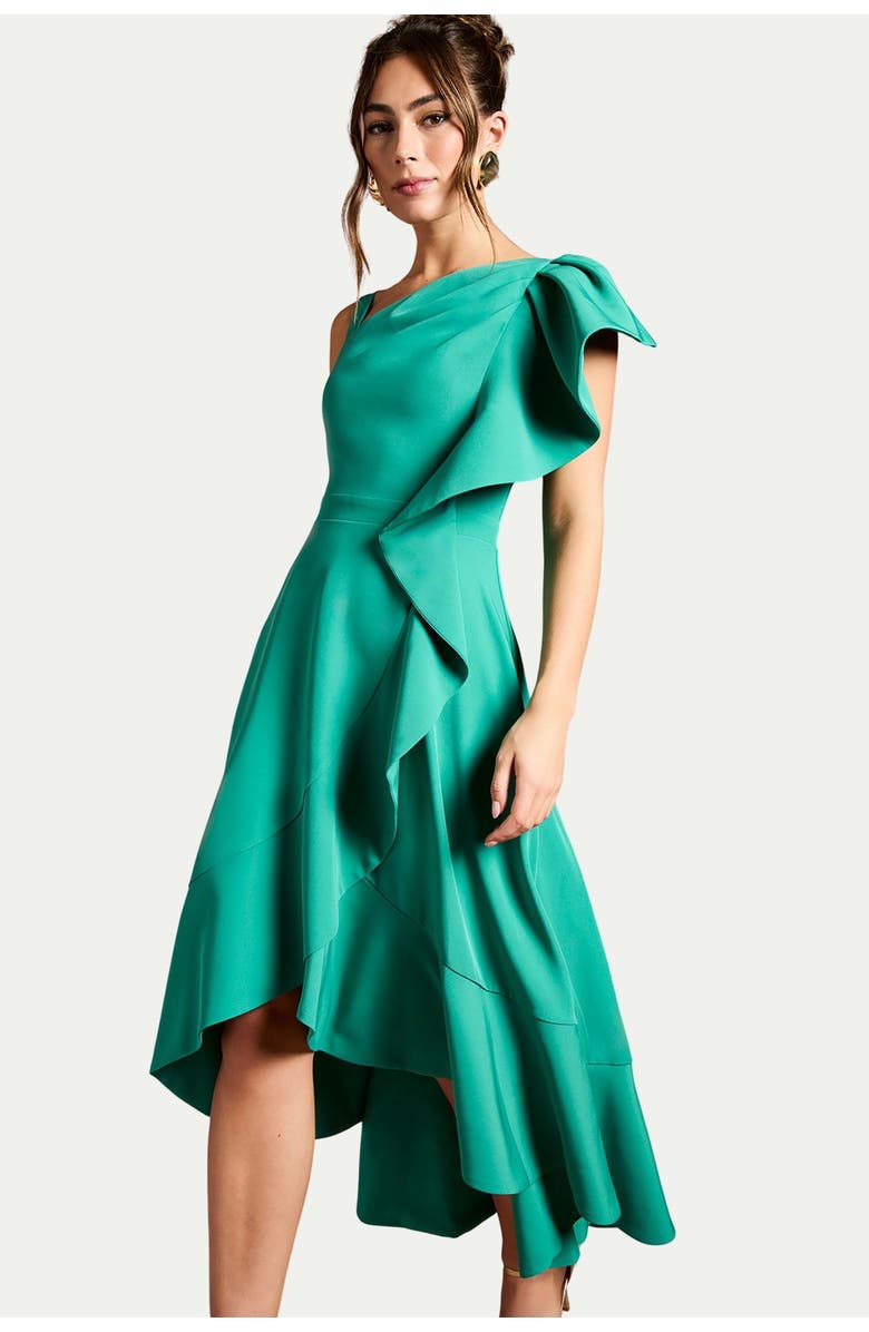 Coast One Shoulder Crepe Ruffle Midi Dress, Alternate, color, Teal