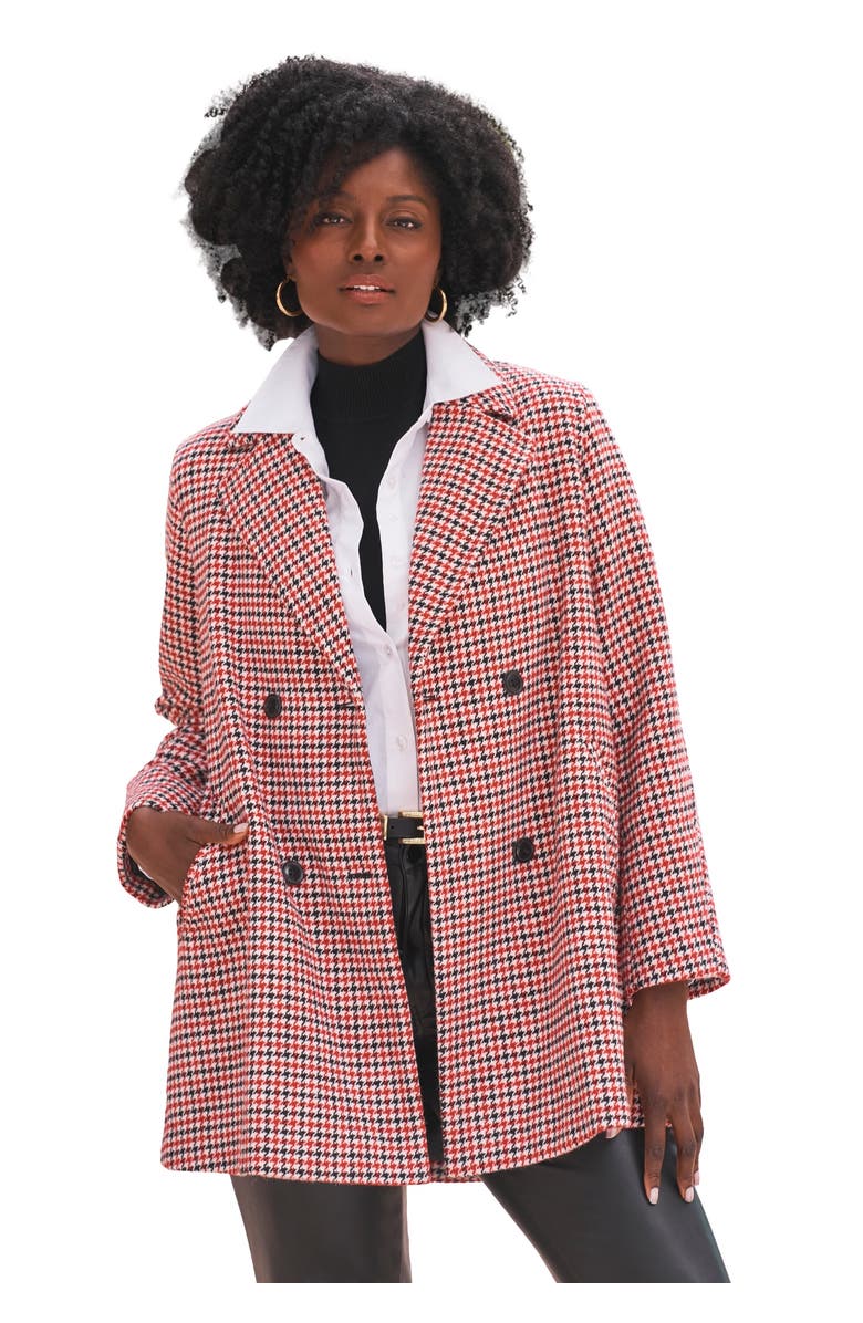 Jessica London A-Line Wool Peacoat, Main, color, Red Black Multi Houndstooth