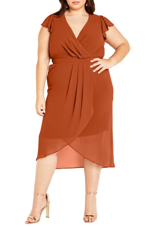 Pleated Flutter Sleeve Midi Dress (Plus)