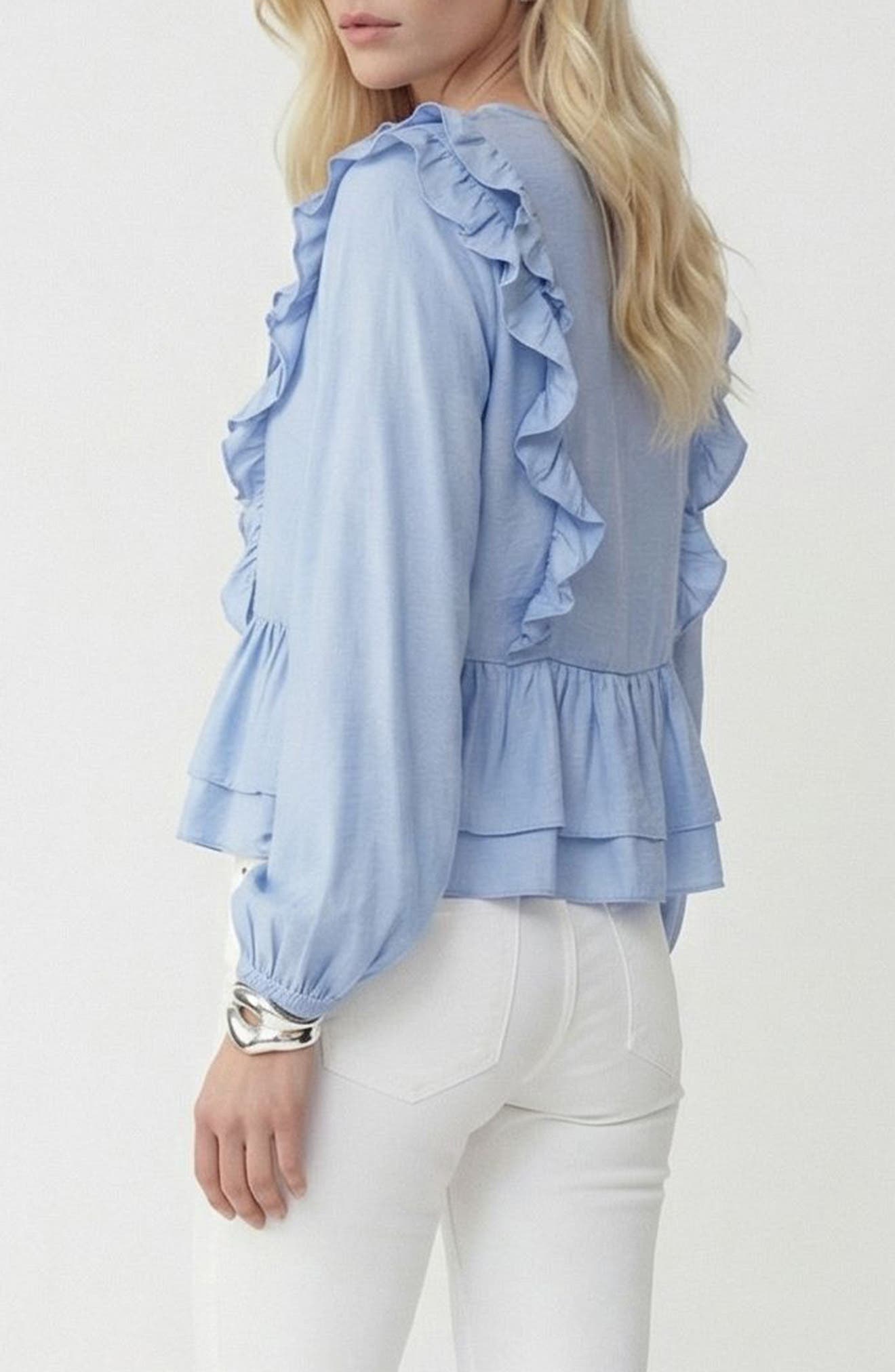 Zoey Ruffle Peplum Chambray Top - image 2