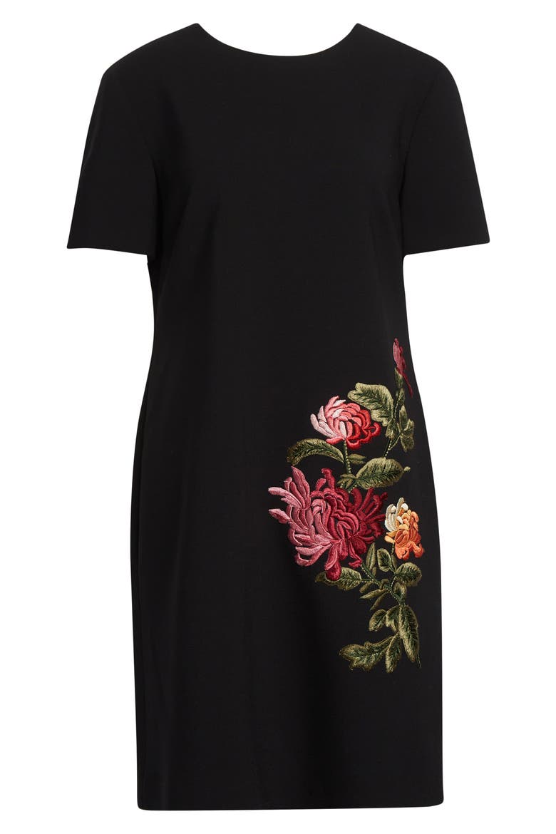 Floral Embroidered Stretch Wool Shift Dress, Alternate, color, BLACK MULTI