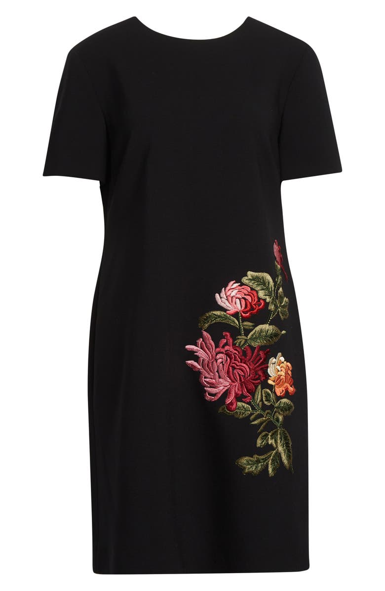 Carolina Herrera Floral Embroidered Stretch Wool Shift Dress, Alternate, color, Black Multi