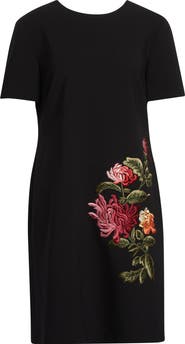 Carolina Herrera Floral Embroidered Stretch Wool Shift Dress