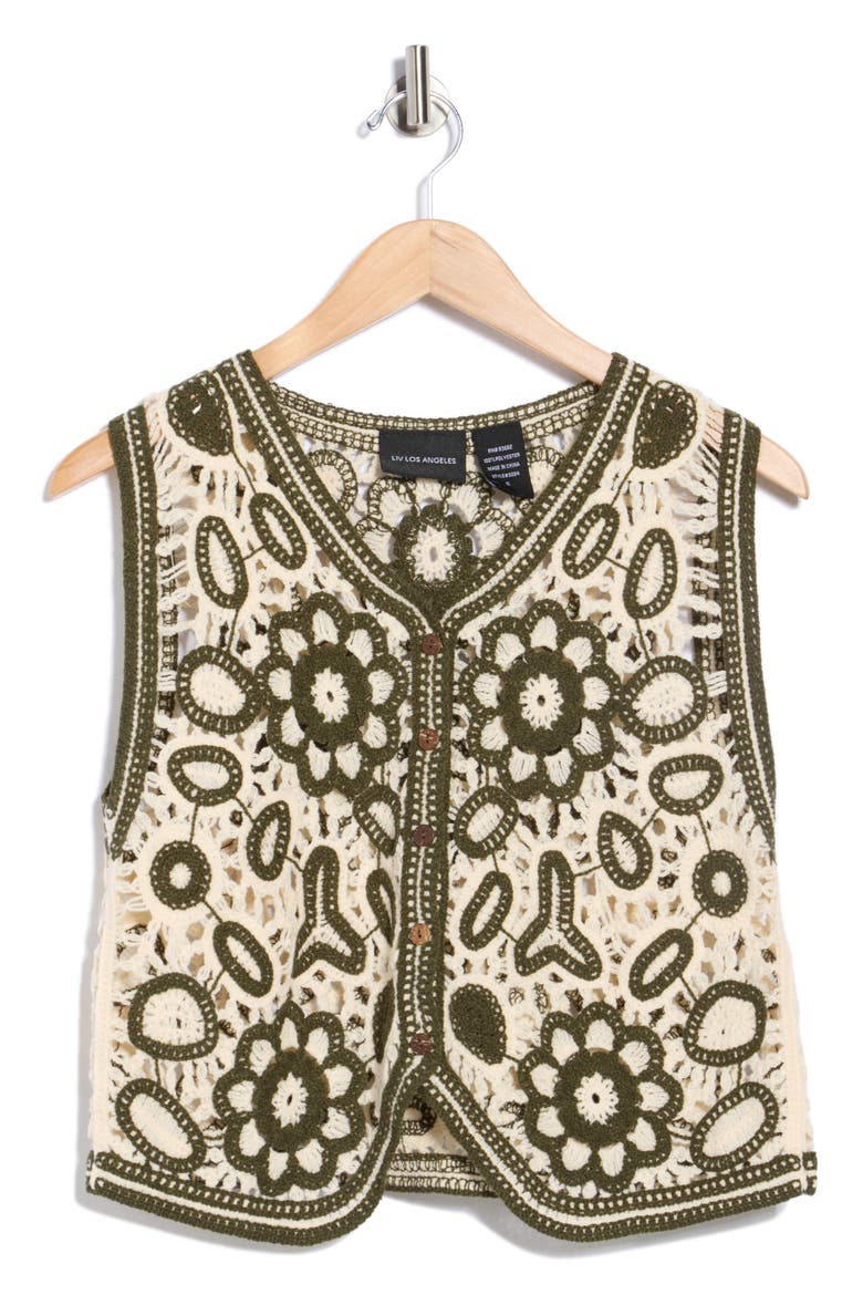 Floral Embroidered Open Knit Button Tank, Alternate, color, NATURAL/ OLIVE