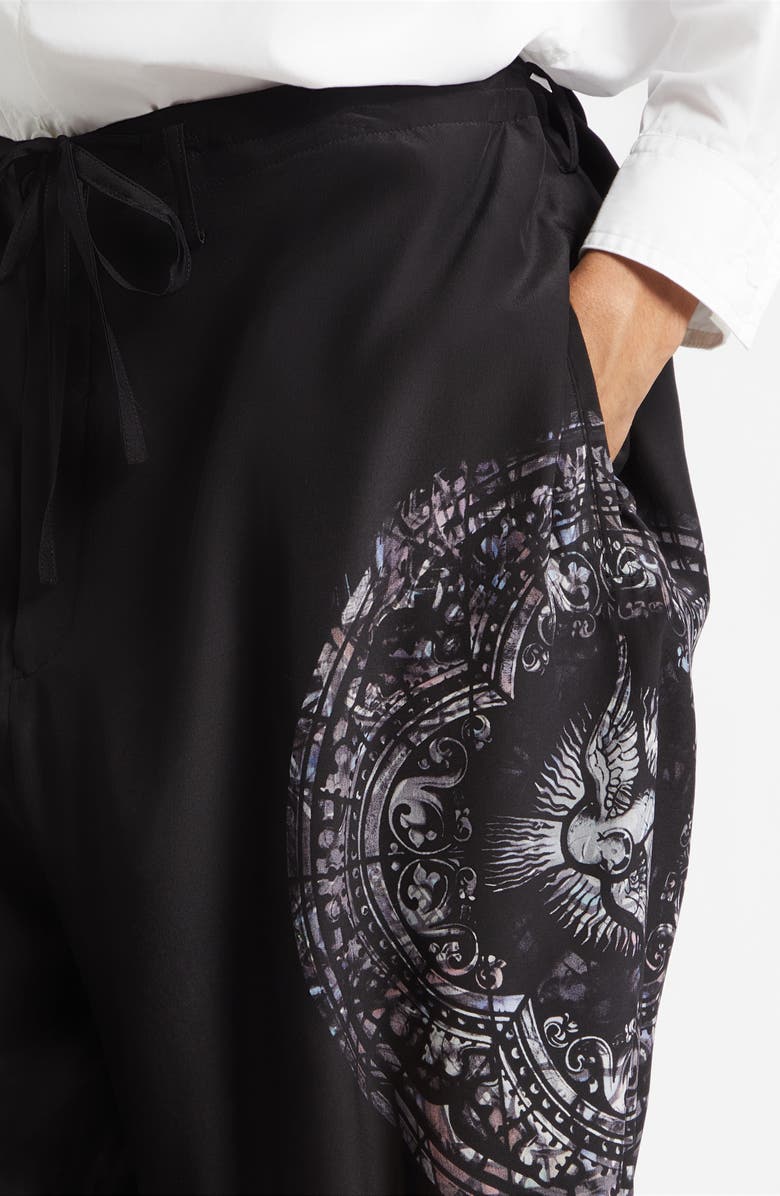Yohji Yamamoto Asymmetric Print Silk Shorts, Alternate, color, Black