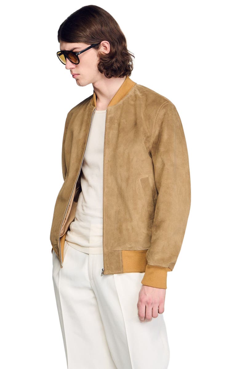 SANDRO Zip-up split leather jacket, Alternate, color, Cappucino