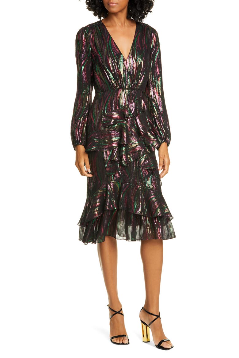 Alya Metallic Silk Blend Long Sleeve Dress, Main, color, 792-BLACK RAINBOW