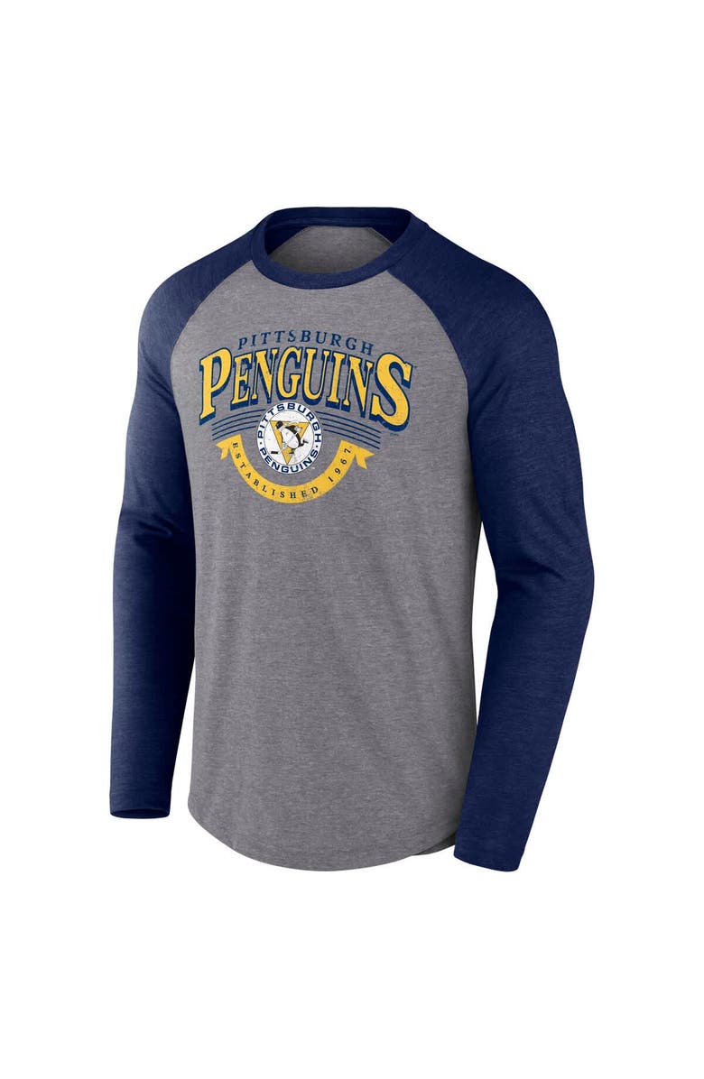 FANATICS Men's Fanatics Heather Gray/Heather Navy Pittsburgh Penguins Goal Crease Raglan Tri-Blend Long Sleeve T-Shirt, Alternate, color, Heather Gray