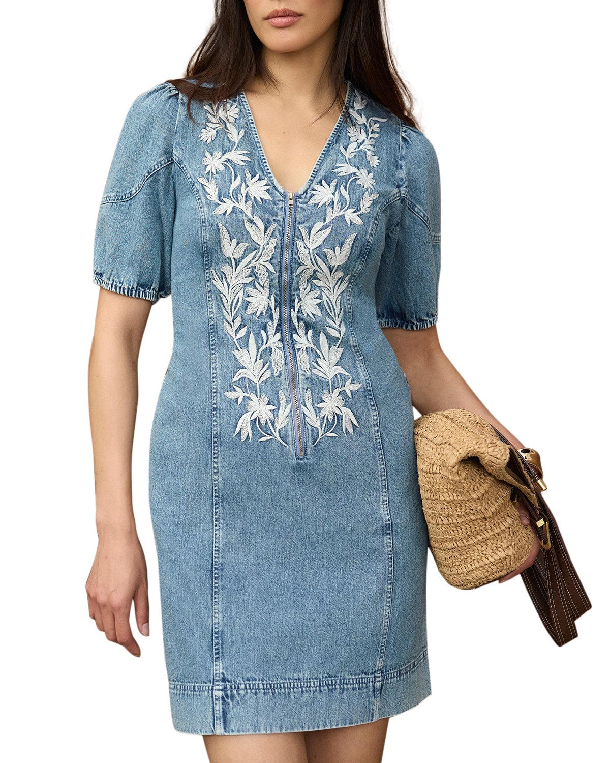 embroidered denim mini dress Bloom Contour Embroidered Denim Mini Dress M / Denim light wash