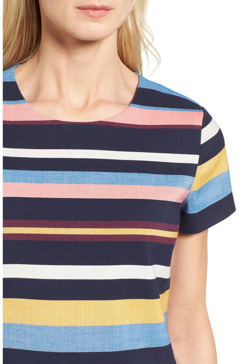 SHORT SLEEVE PEPLUM TOP, Alternate, color, NAVY- CORAL STRIPE