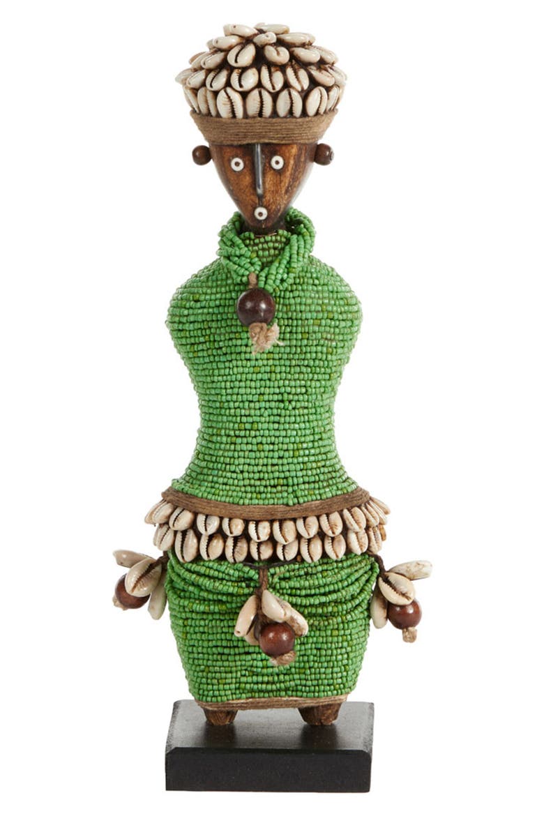 Small Handcrafted Cowrie Shell & Green Bead Woman Doll, Main, color, GREEN