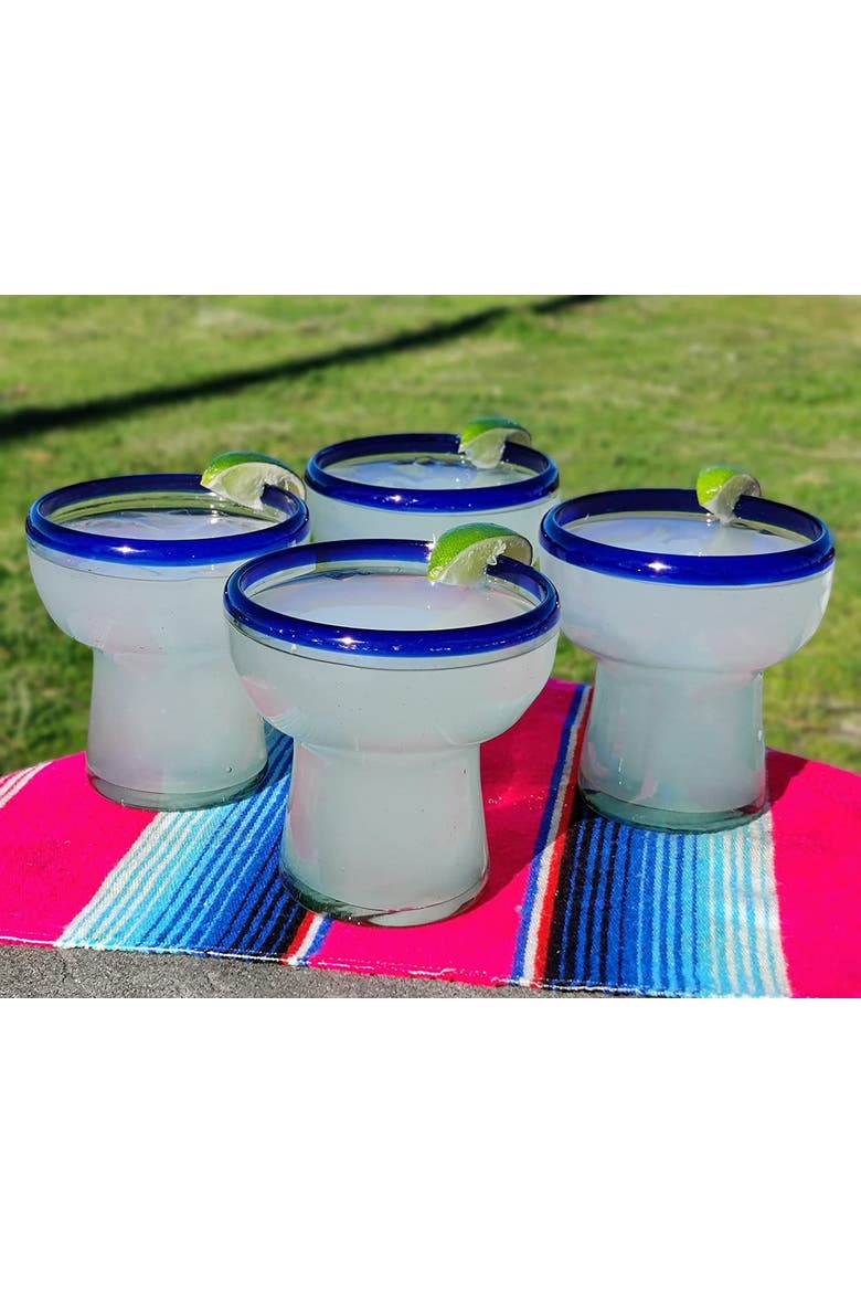 Hand Blown Stemless Margarita Glasses - Set of 4, Alternate, color, Cobalt Rim
