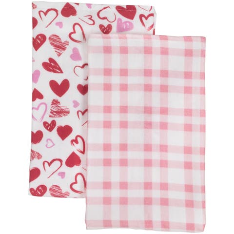 Plaid and Hearts Valentine's Day Kitchen Tea Towels - 26" - Pink and Red - Set of 2