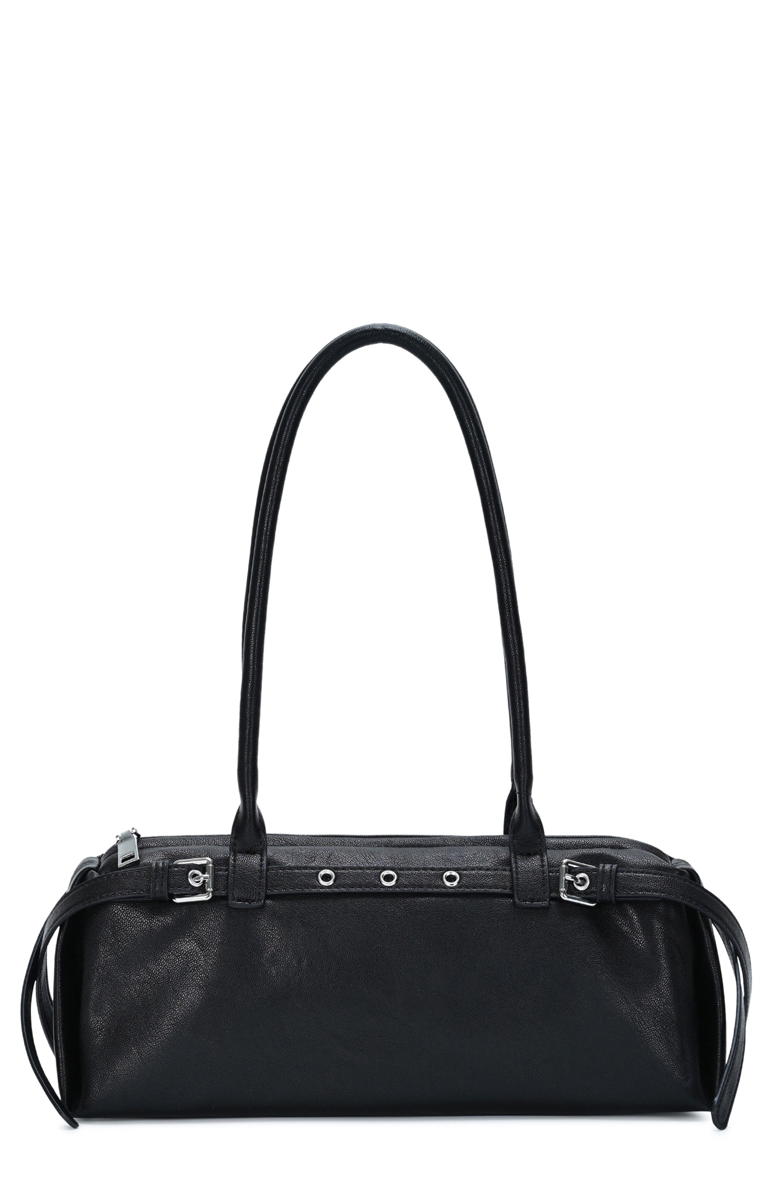 Belt Front Faux Leather Baguette Shoulder Bag