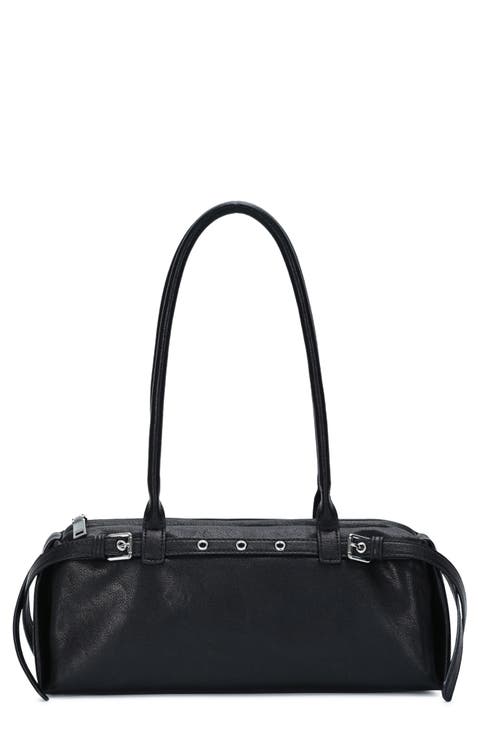Belt Front Faux Leather Baguette Shoulder Bag