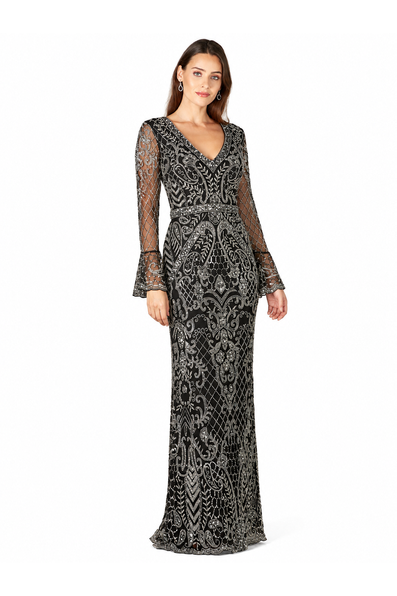 Long Bell Sleeve V-Neck Beaded Gown, Main, color, Black/Silver