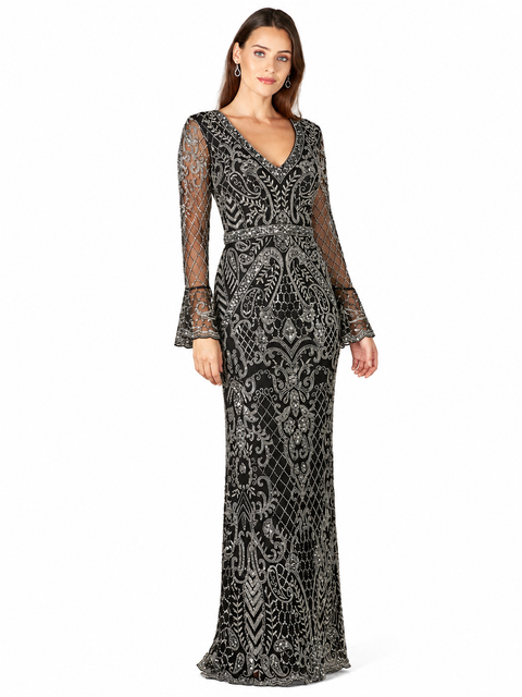 Long Bell Sleeve V-Neck Beaded Gown