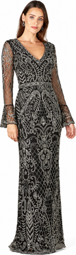 LARA New York Long Bell Sleeve V-Neck Beaded Gown