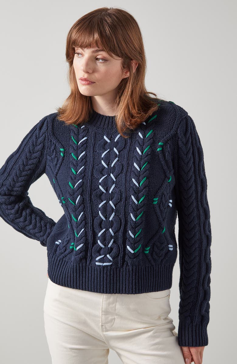LK Bennett Mia Cable Stitch Sweater, Alternate, color, Blue-Navy