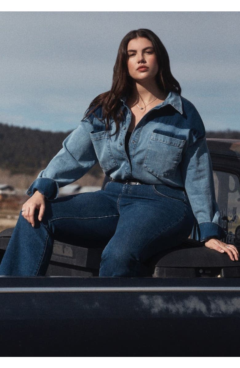 ELOQUII Denim Trucker Shirt, Alternate, color, Indigo With Light Wash