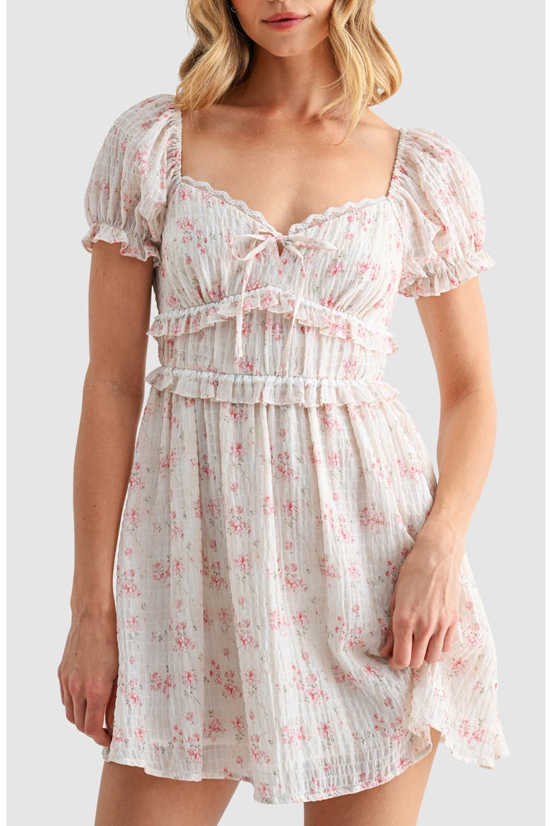 Floral Print Puff Sleeve Smocked Minidress, Alternate, color, CREAM PINK