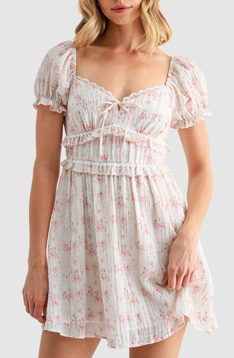 All in Favor Floral Print Puff Sleeve Smocked Minidress, Alternate, color, Cream Pink