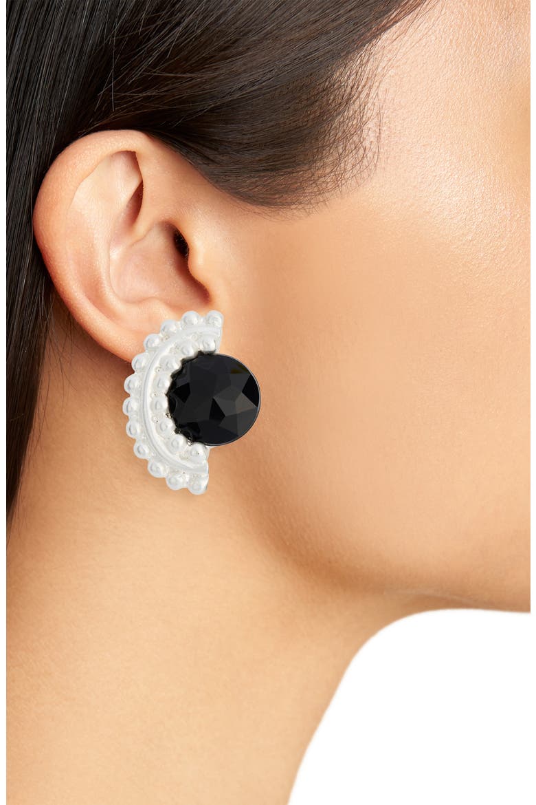 Black Cubic Zirconia Fan Clip-On Earrings, Alternate, color, SILVER