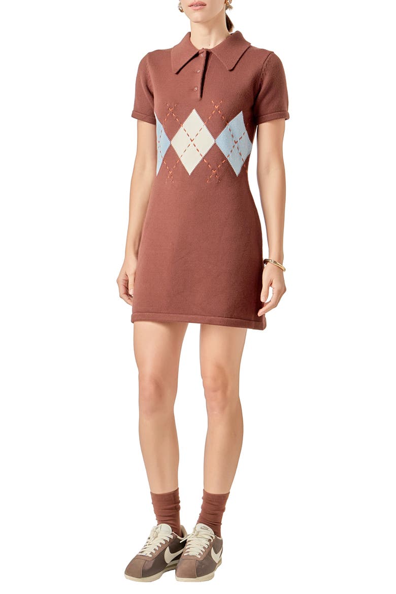 Argyle Knit Polo Dress, Alternate, color, BROWN MULTI