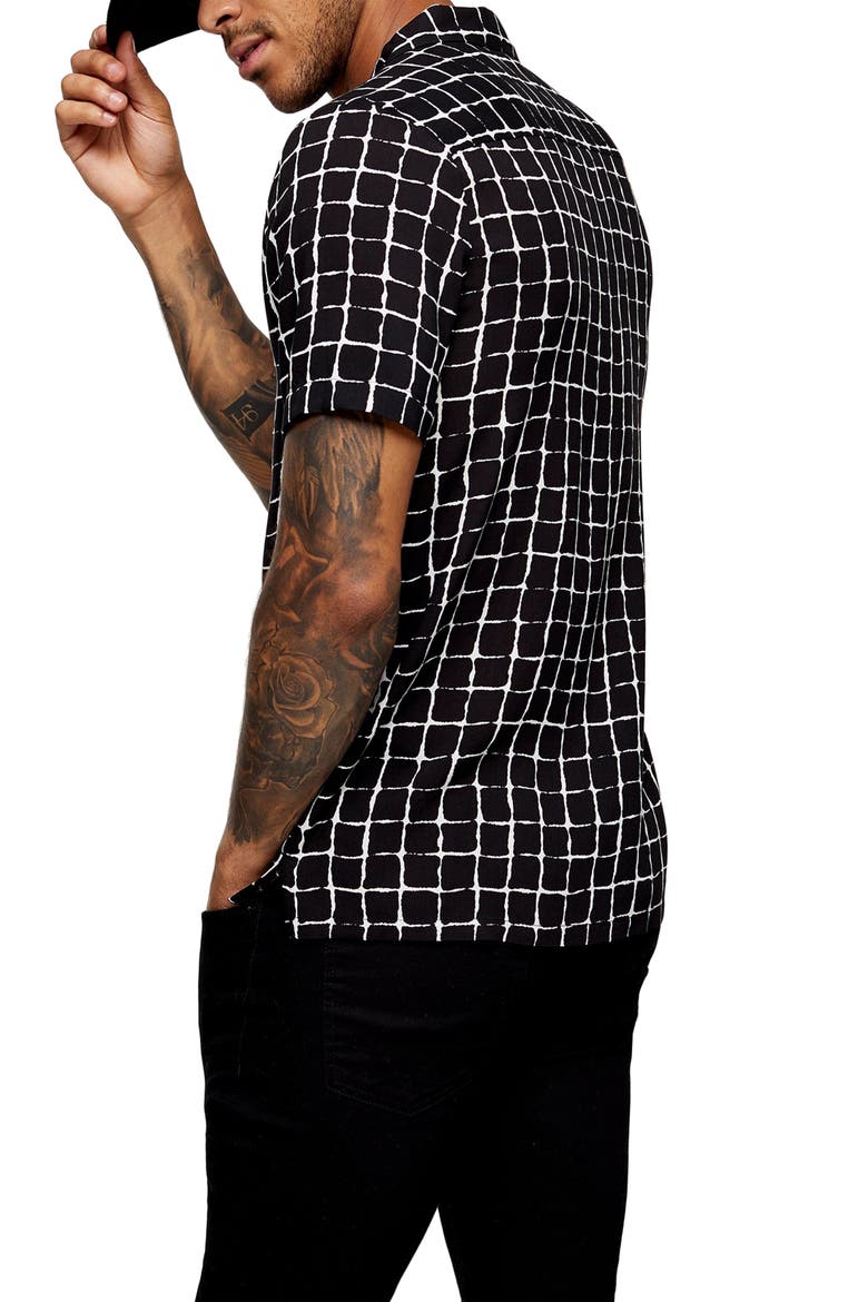 Geo Print Short Sleeve Button-Up Camp Shirt, Alternate, color, BLACK MULTI