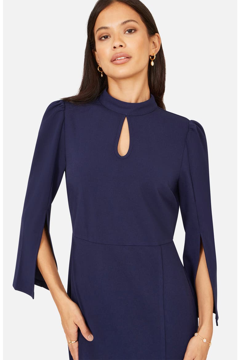 Mock Neck Keyhole Tailored Midi Dress, Alternate, color, Navy