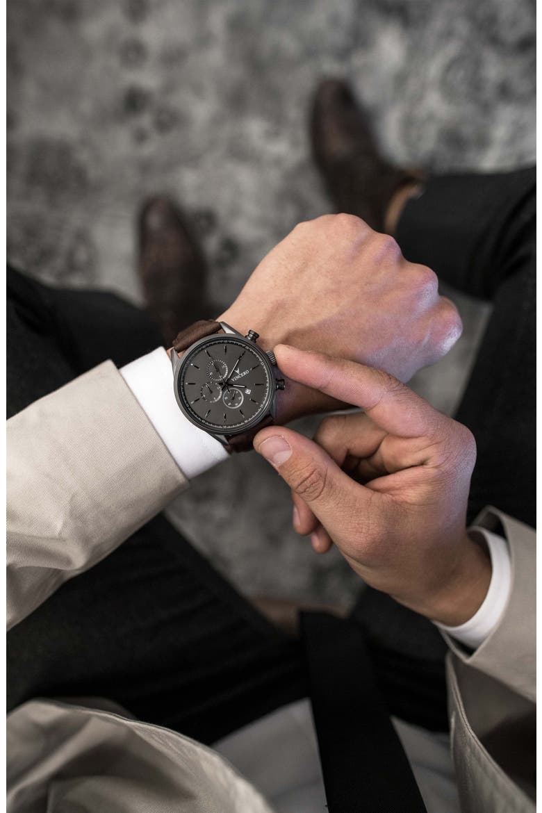 The Chrono S2 Chronograph Leather Strap Watch, 43mm, Alternate, color, GUNMETAL/WALNUT