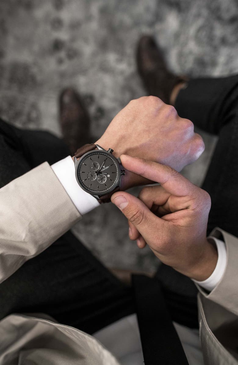 Vincero The Chrono S Chronograph Leather Strap Watch, 43mm, Alternate, color, Gunmetal/ Walnut