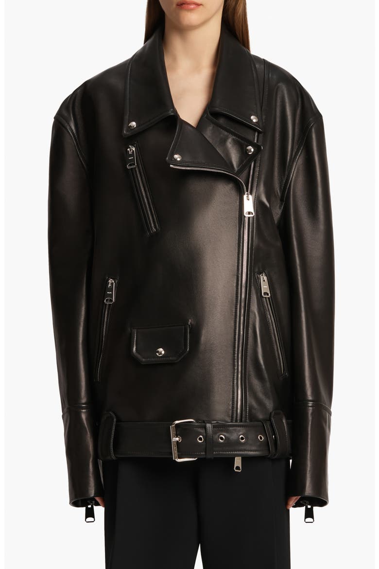 Hansel Oversize Lambskin Leather Biker Jacket, Main, color, BLACK
