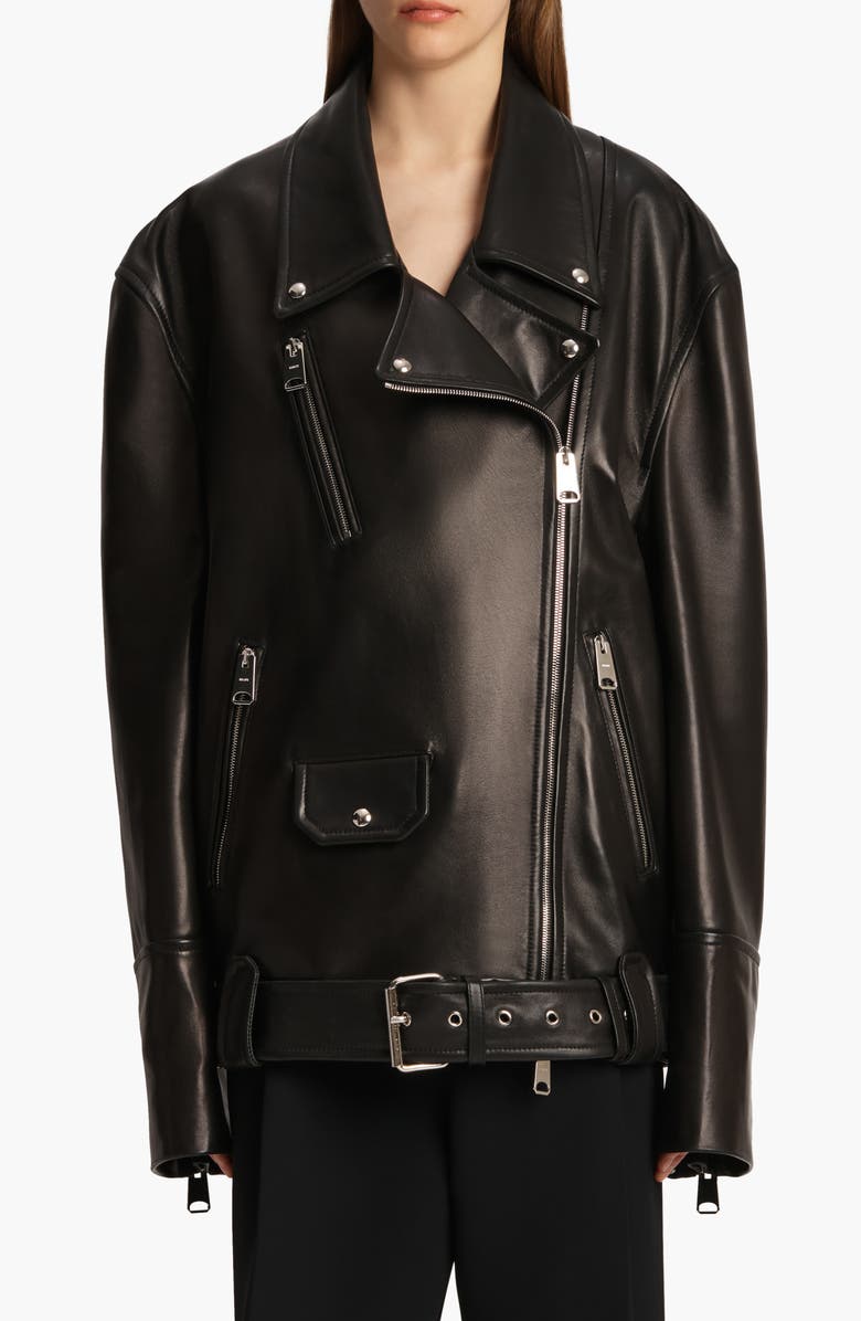 Khaite Hansel Oversize Lambskin Leather Biker Jacket, Main, color, Black