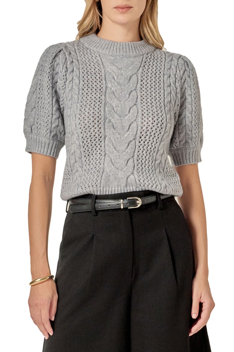 Puff Sleeve Cable Knit Sweater, Main, color, GREY