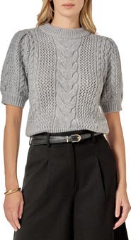 English Factory Puff Sleeve Cable Knit Sweater