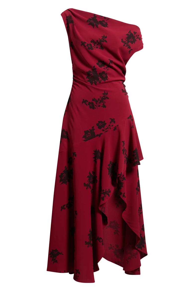 Cascading Ruffle Crepe One-Shoulder Gown, Alternate, color, RED BROWN BRITNEY FLORAL