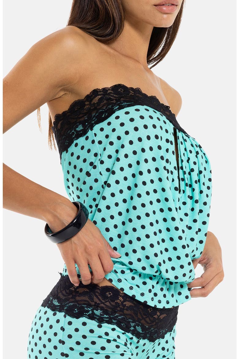 Polka Dot Strapless Top with Lace Trim, Alternate, color, TURQUOISE