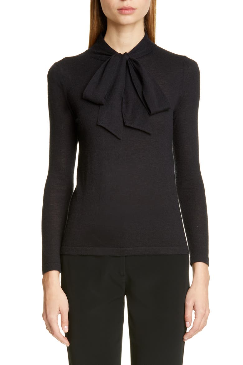 Essentials Tie Neck Cashmere Sweater, Main, color, BLACK